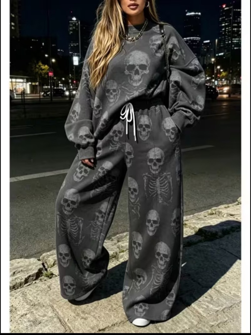 (A19) 2 pc Skull Print Sweatshirt & Wide Leg Pants Set